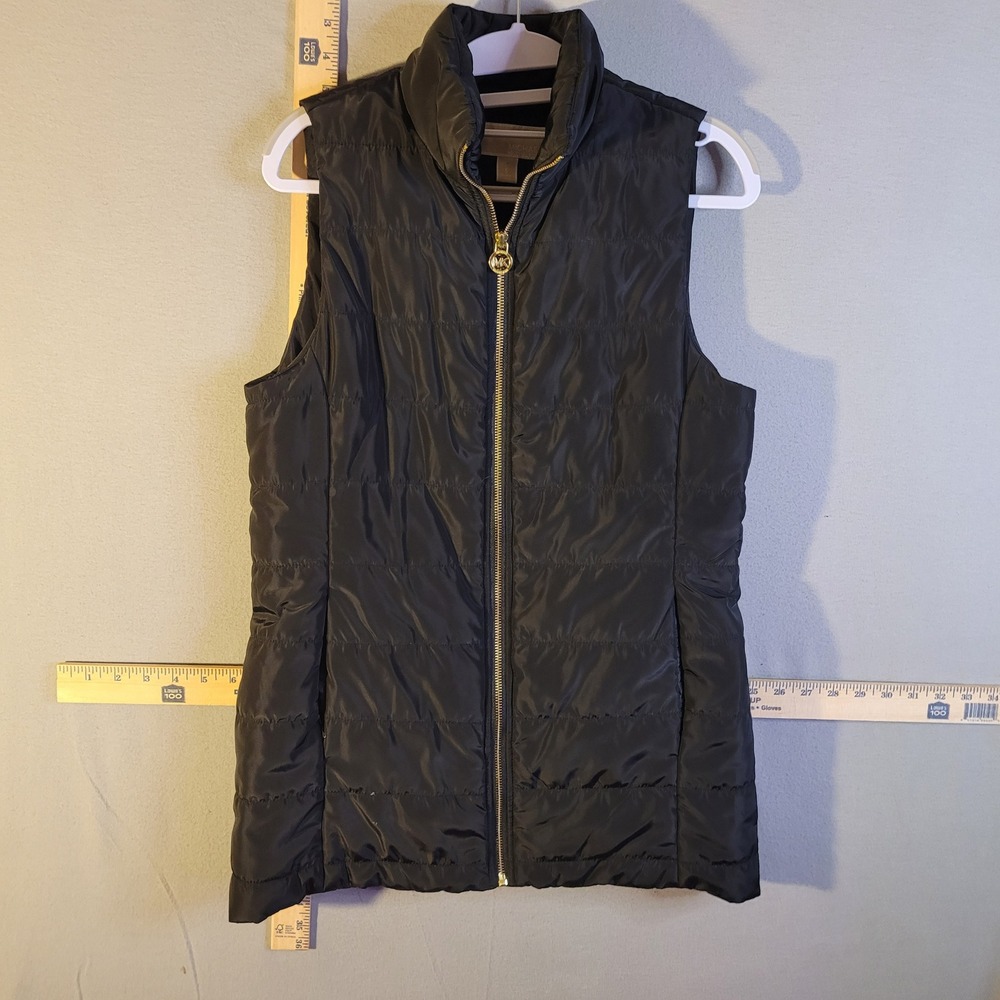 Michael Kors Womens Black Quilted Puffer‎ Vest Gold Zip Size Small MK Logo Pull